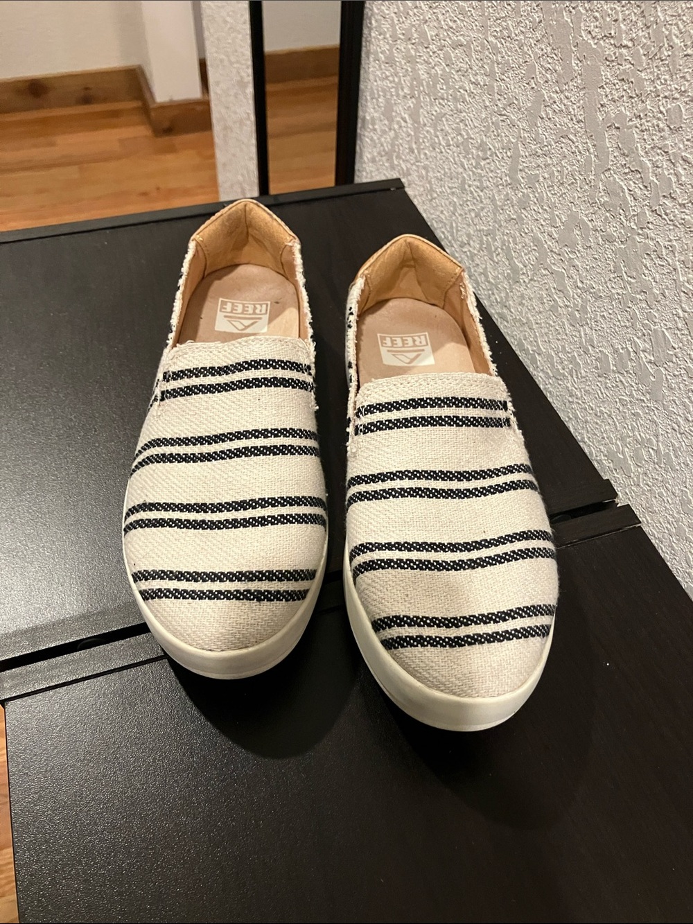 Reef women’s Slip-On Canvas Sneakers in Cream and Black Stripes